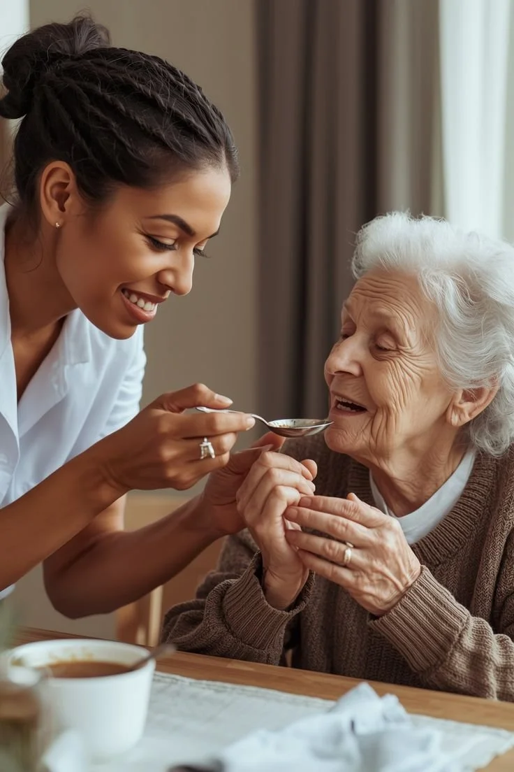 A young woman feeds an elderly woman with a spoon, smiling at each other at a table.