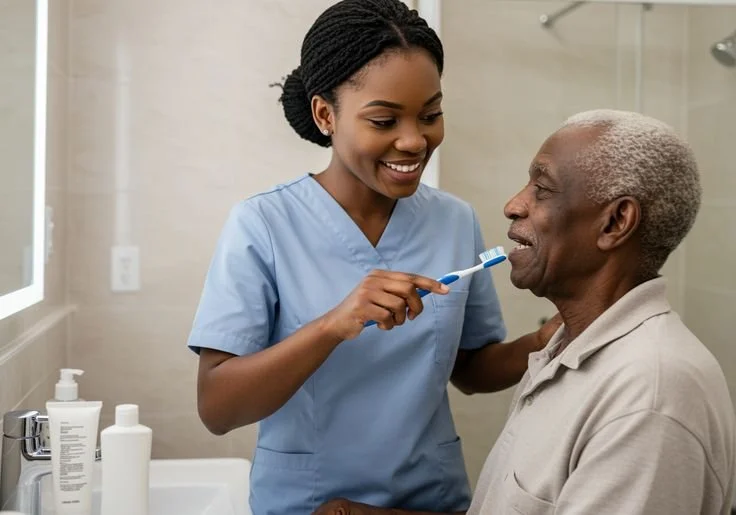 A young female healthcare worker in blue scrubs helping an elderly man brush his teeth in a bathroom.