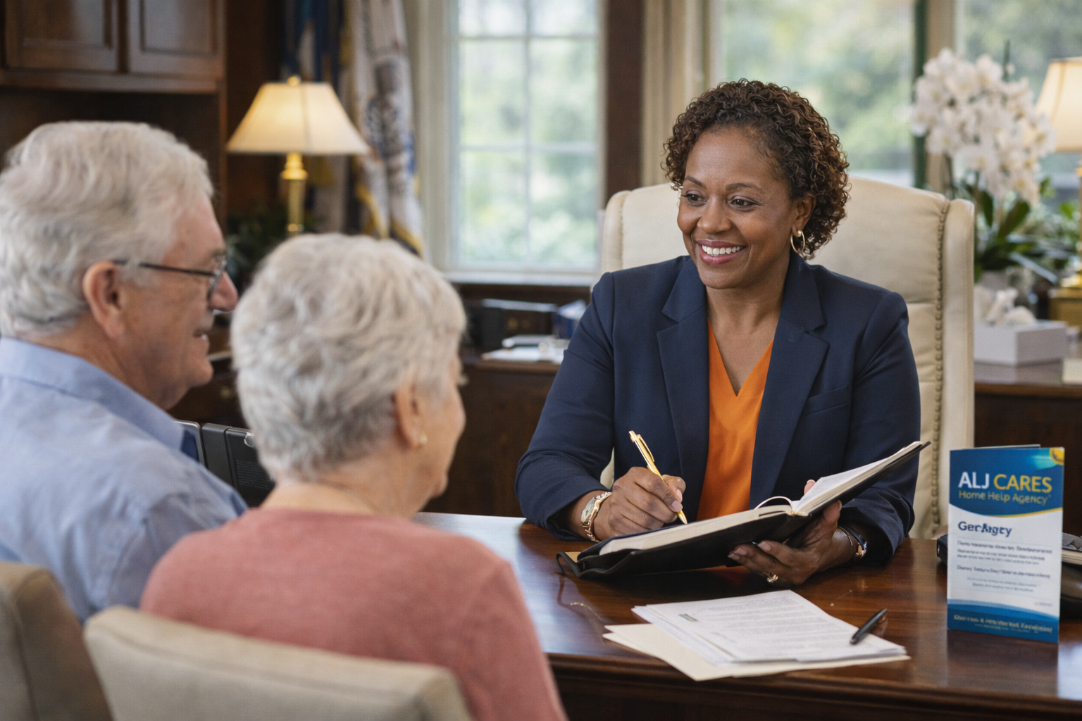 A woman in a navy blazer smiling and taking notes while talking to an elderly couple during a consultation in a well-lit office with a large window, lamps, and a flower arrangement.