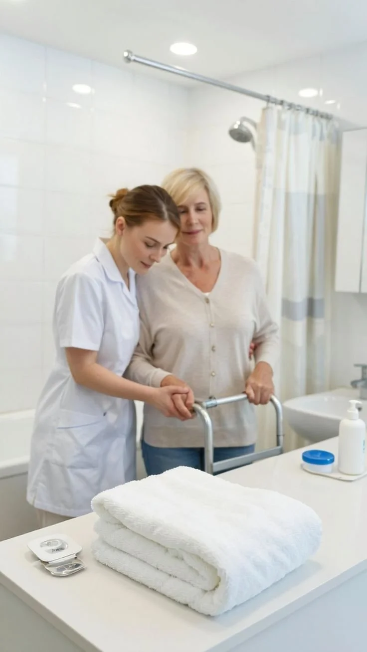 A healthcare worker assisting an elderly woman in a bathroom, possibly a medical or rehabilitation setting, with towels and bathroom essentials on the counter.