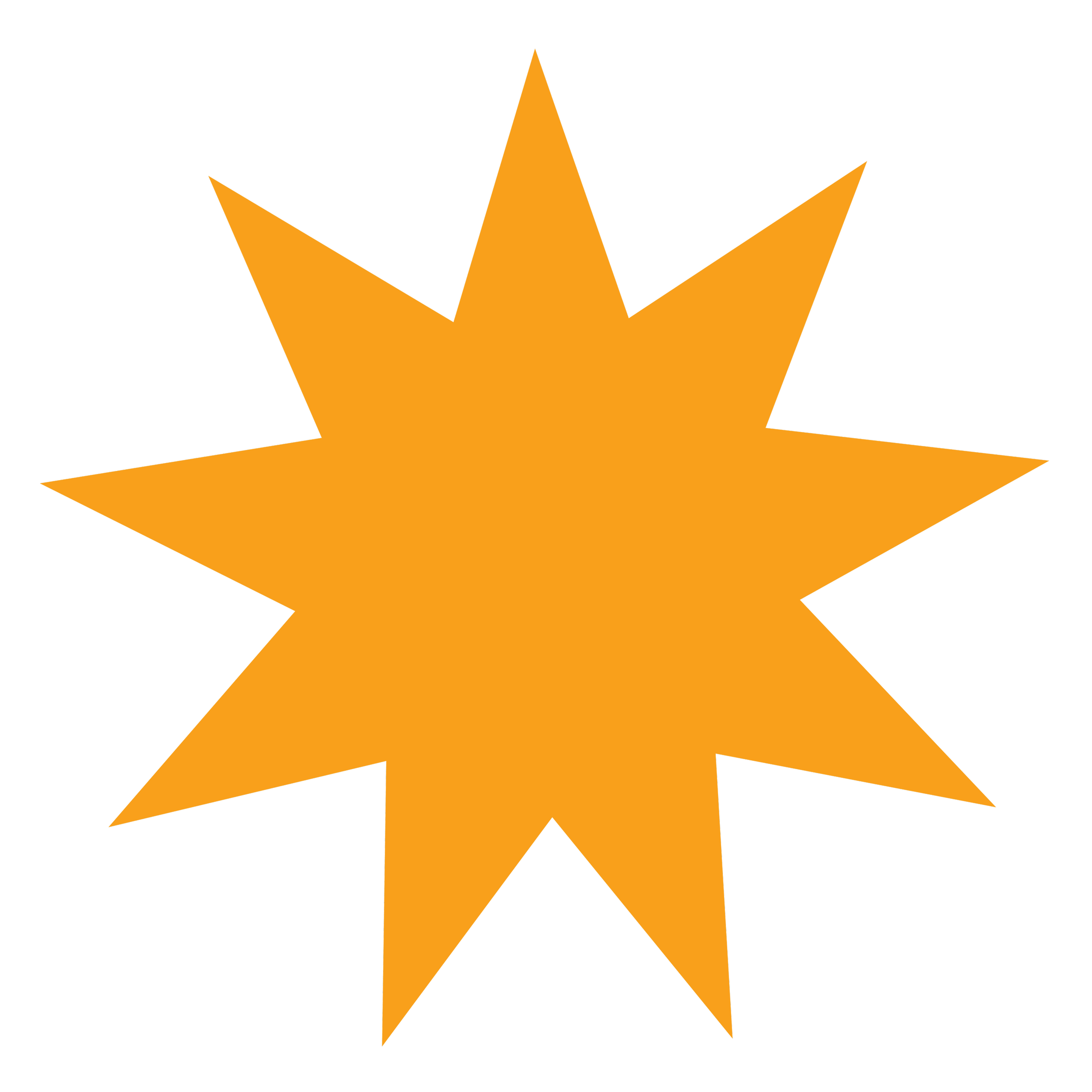 Orange starburst shape with multiple pointed edges on a black background.
