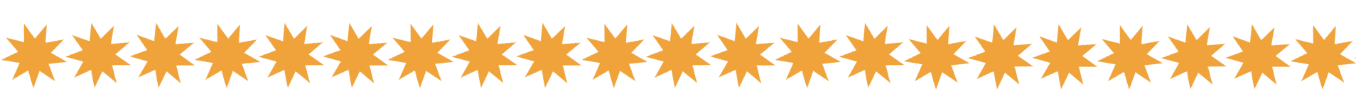 Line of 24 gold-colored star-shaped decorations on a black background.