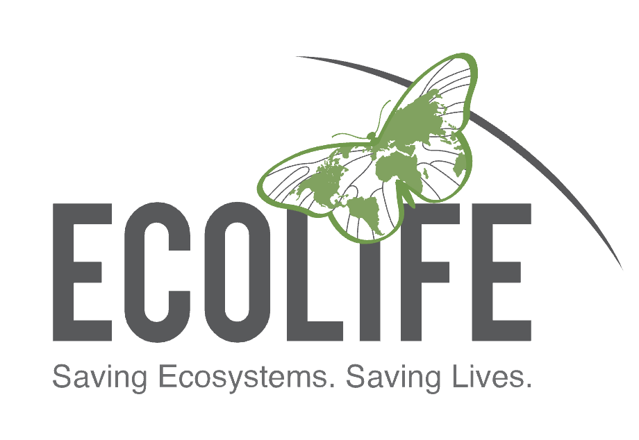 Ecolife logo with a green butterfly over a gray and green world map, and the tagline 'Saving Ecosystems. Saving Lives.'