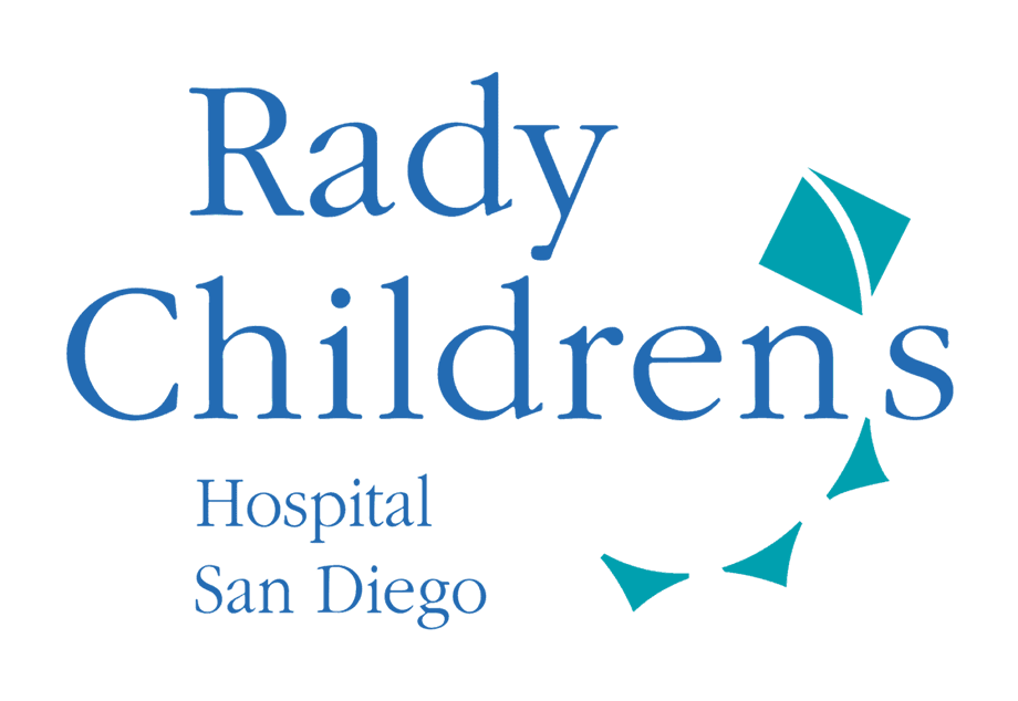 Logo for Rady Children's Hospital San Diego featuring blue text and a kite symbol.
