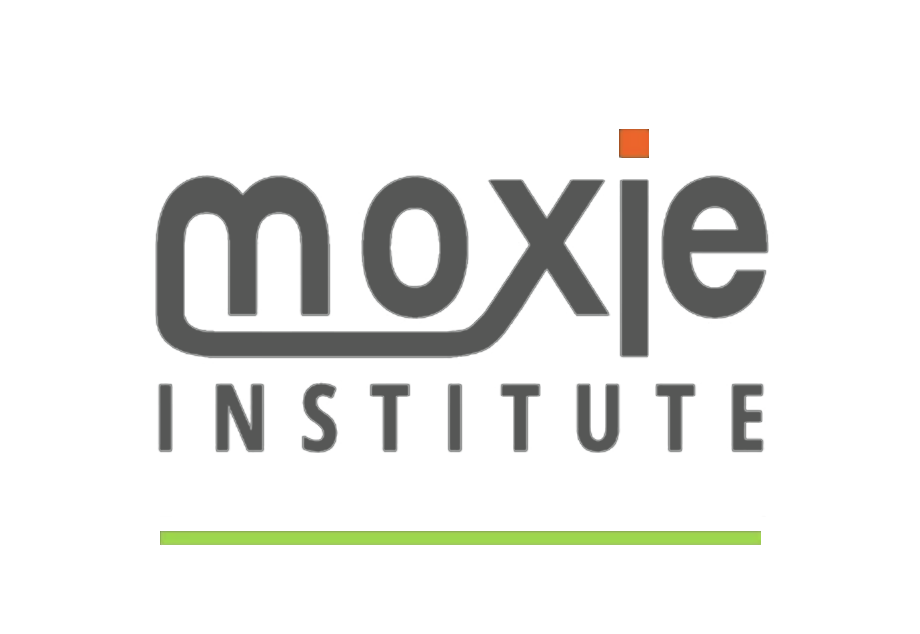 Moxie Institute logo with the word 'moxie' in lowercase gray letters, 'INSTITUTE' in uppercase gray letters below, and a small orange square dotting the 'i' in 'moxie', all on a black background.