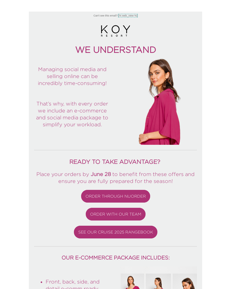 A woman with long brown hair wearing a pink dress, standing against a light gray background in a promotional email for KoY Resort.