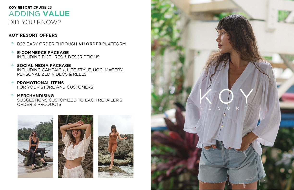A promotional poster for KOY Resort Cruise 25 features a woman in a white blouse and denim shorts on the right. On the left side, there is a list of KOY Resort's offerings including B2B orders, e-commerce packages, social media packages, promotional items, and merchandising, with three small images of women enjoying beach activities below the list.