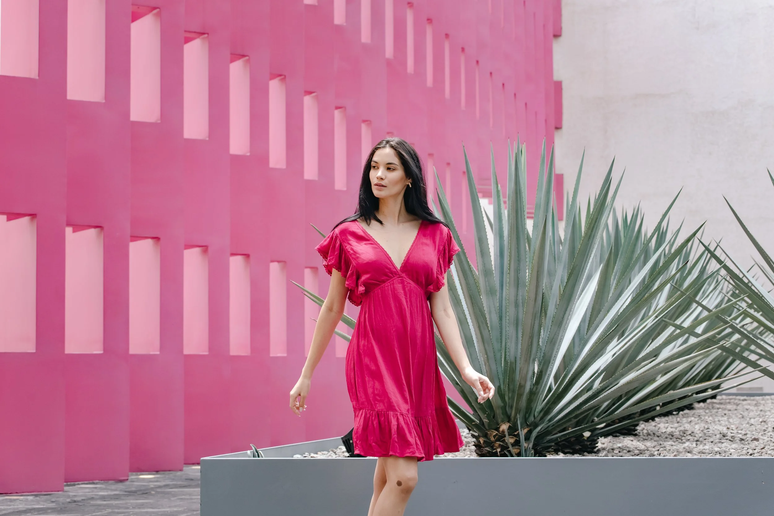 Woman in a pink dress walking past a pink wall and large green agave plant.