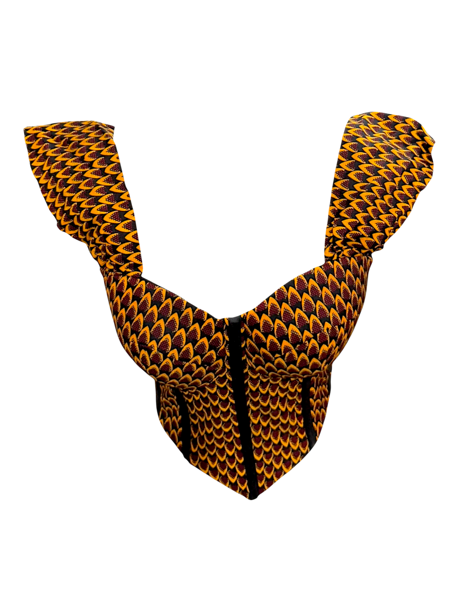 Sunflower yellow Ankara capped sleeve corset top in 100% cotton wax fabric with structured boning, front view, sleeves are standing up.