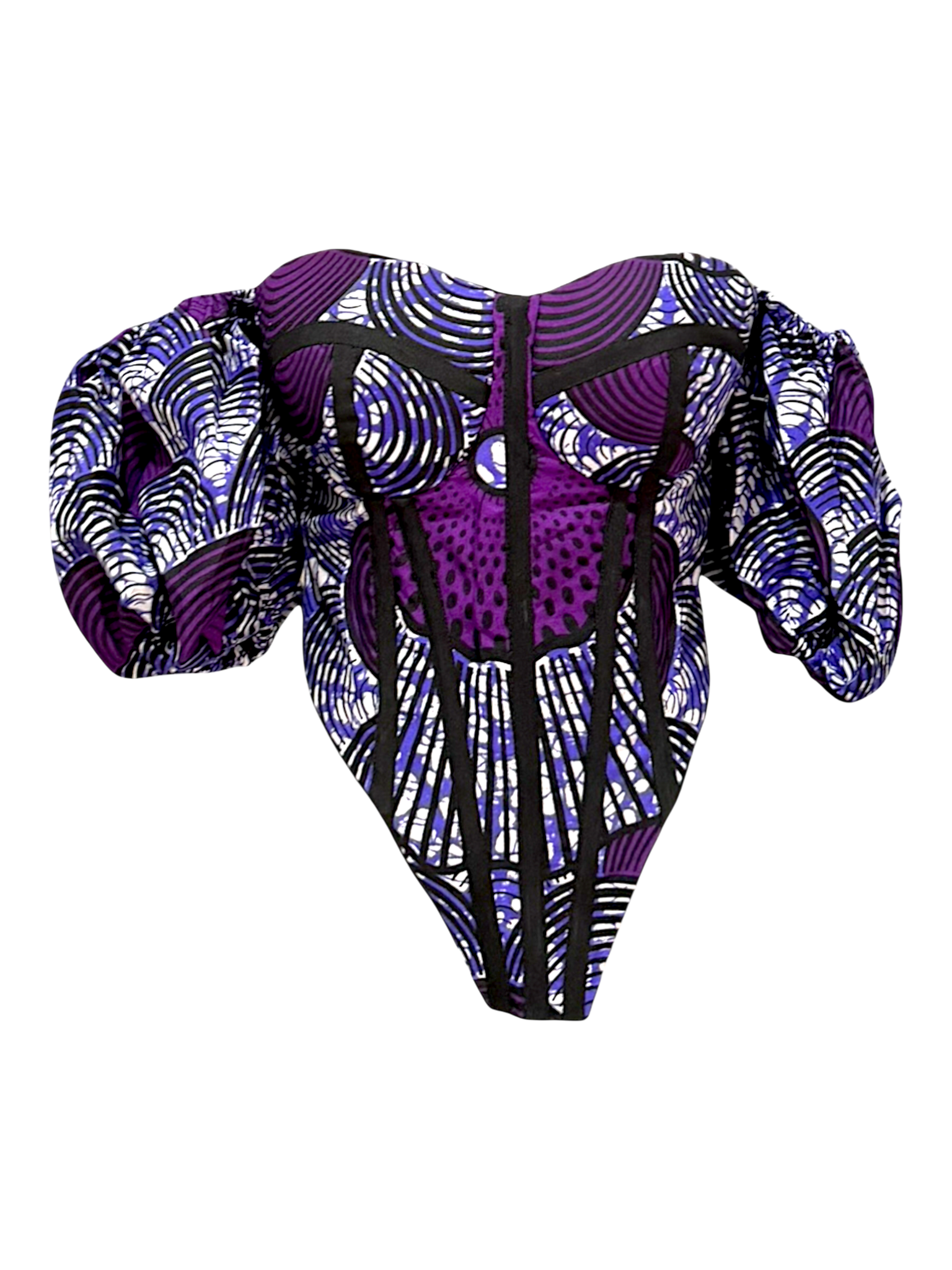 Violet purple Ankara corset top with sleeves in 100% cotton wax fabric with structured boning, front angled view with sleeves down.