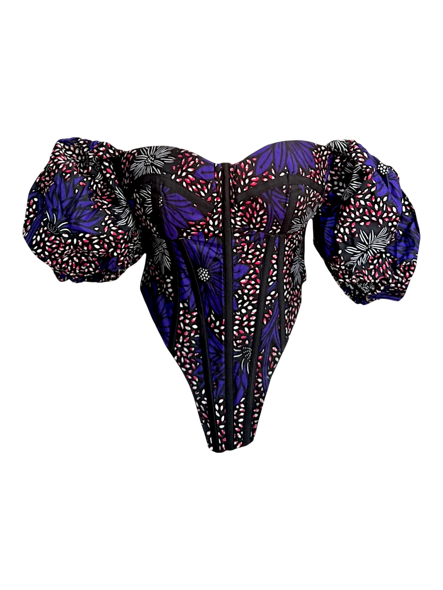 Mulberry vibrant purple Ankara corset top with sleeves in 100% cotton wax fabric with structured boning, front view with sleeves down.