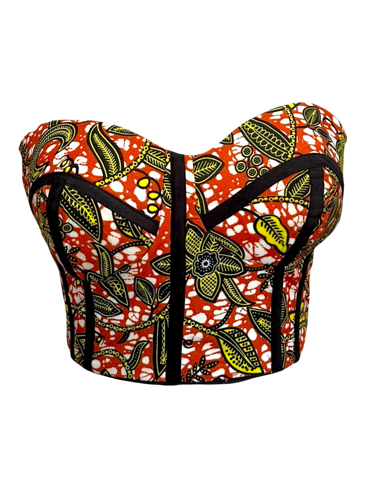 Brownie brown color Ankara sleeveless corset top in 100% cotton wax fabric with structured boning, front view.