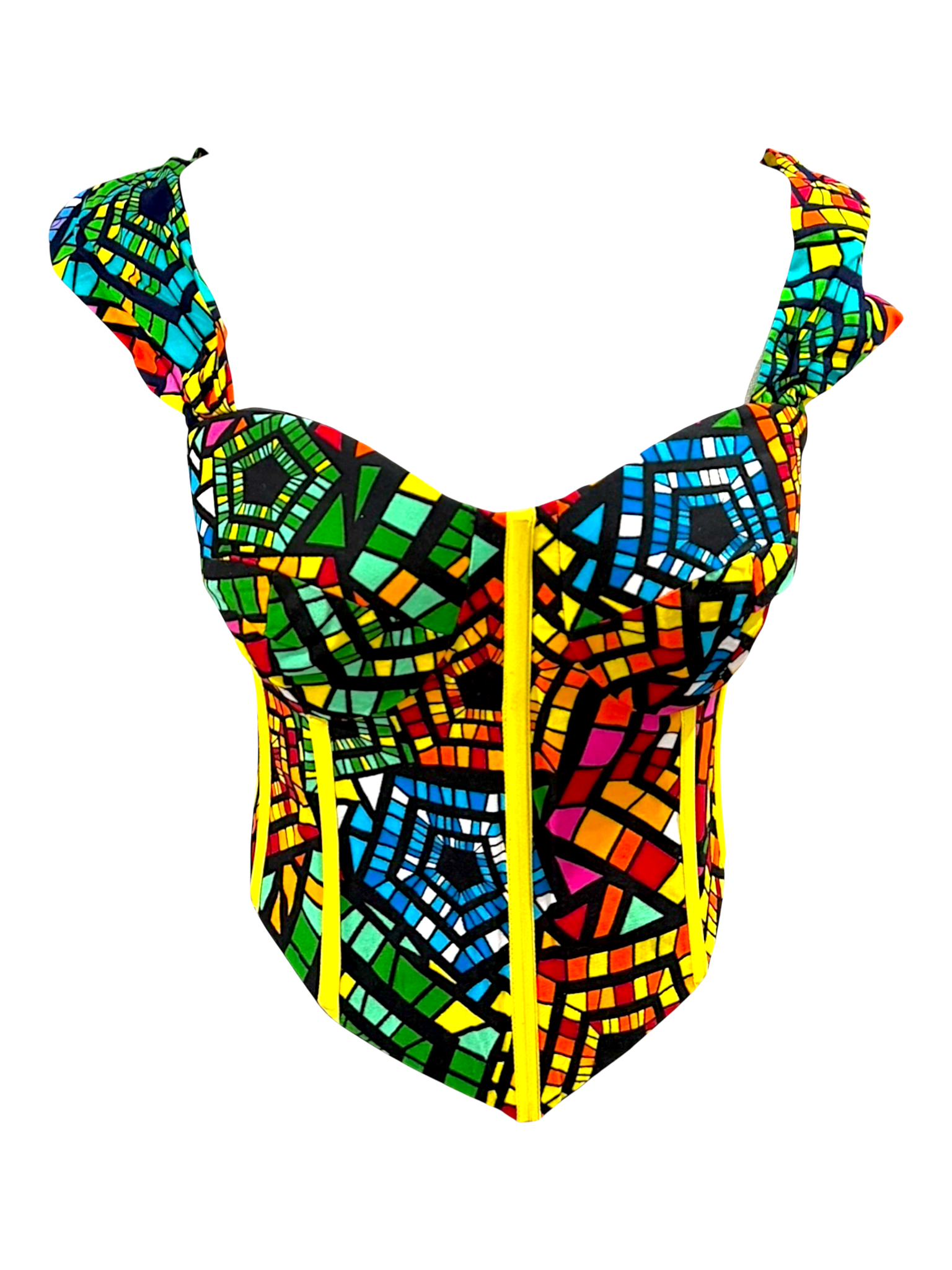 Rainbow colorful Ankara capped sleeve corset top in 100% cotton wax fabric with structured boning, front view, sleeves are facing up.