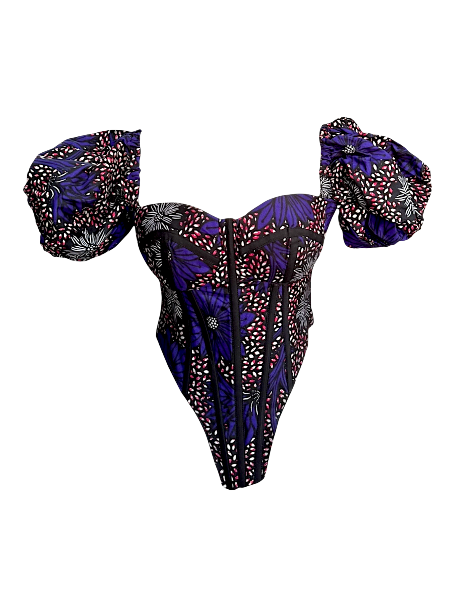 Mulberry vibrant purple Ankara corset top with sleeves in 100% cotton wax fabric with structured boning, front view.