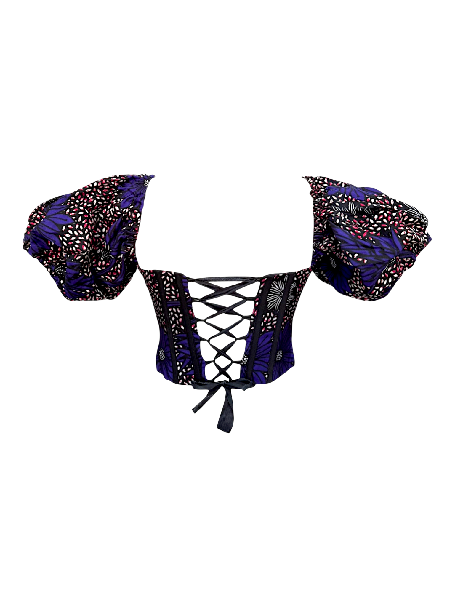 Mulberry vibrant purple Ankara corset top with sleeves tucked in for a sleeveless look in 100% cotton wax fabric with structured boning with lace up back style with ribbon tie, back view.
