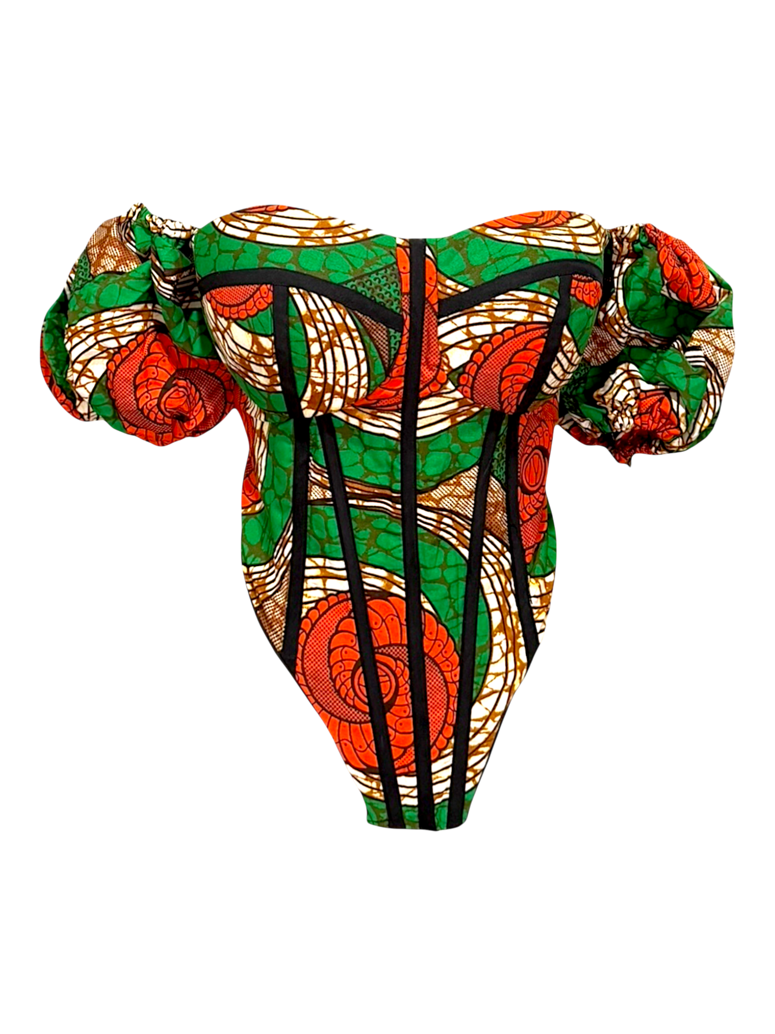 Wildflower Ankara corset top with sleeves in 100% cotton wax fabric with structured boning, front view, sleeves placed side by side.