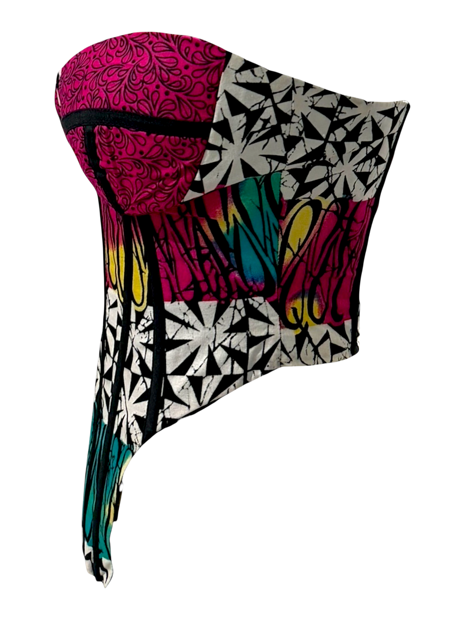 Bloom pink Ankara detachable sleeve corset top in sleeveless look in 100% cotton wax fabric with structured boning, front angled view.