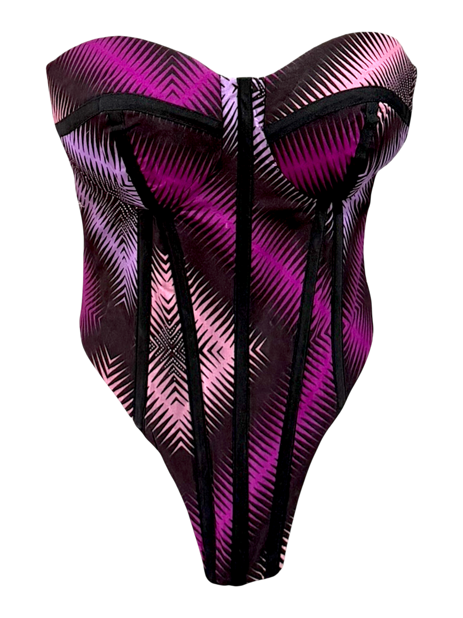 Lavender purple Ankara corset top with sleeves tucked in for a sleeveless look in 100% cotton wax fabric with structured boning, front view.