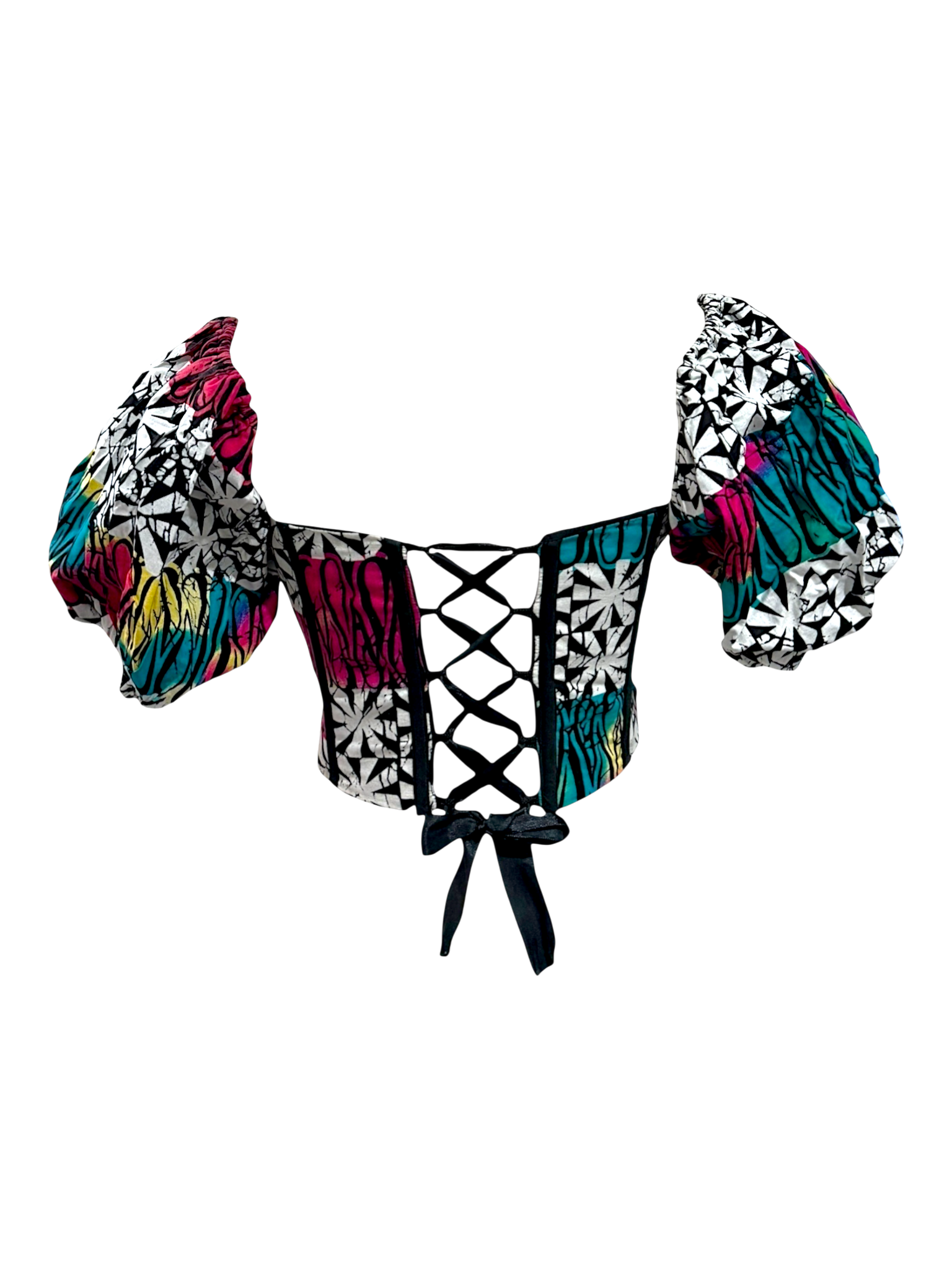 Bloom pink Ankara detachable sleeve corset top in sleeveless look in 100% cotton wax fabric with structured boning with lace up back look with ribbon tie, back view.