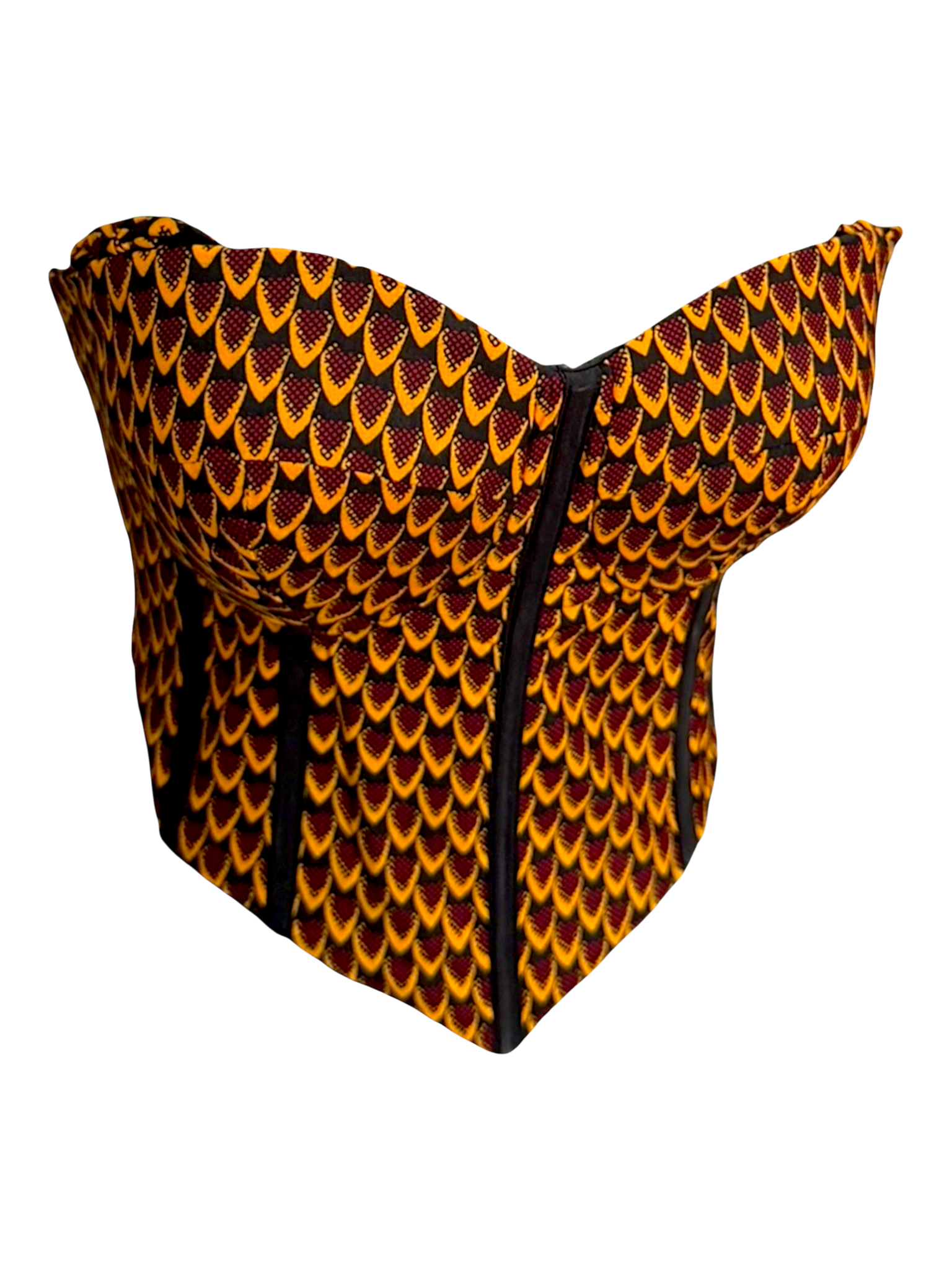 Sunflower yellow Ankara capped sleeve corset top in 100% cotton wax fabric with structured boning, sleeves are tucked in for sleeveless look, front angle view.