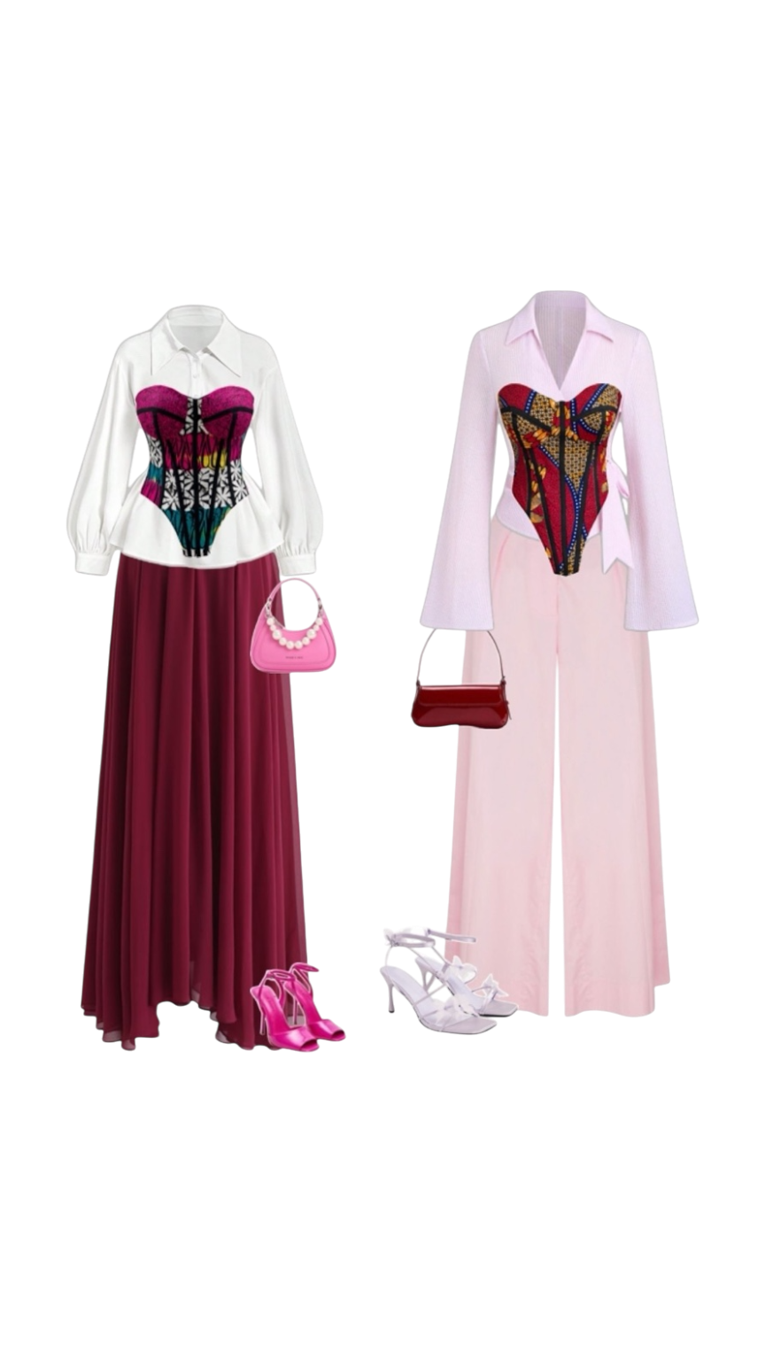Fashion ensemble with two outfits. The left outfit includes a white blouse with a colorful heart-shaped pattern, a long burgundy skirt, pink high heels, and a pink handbag. The right outfit features a light pink blazer, matching wide-leg pants, a col