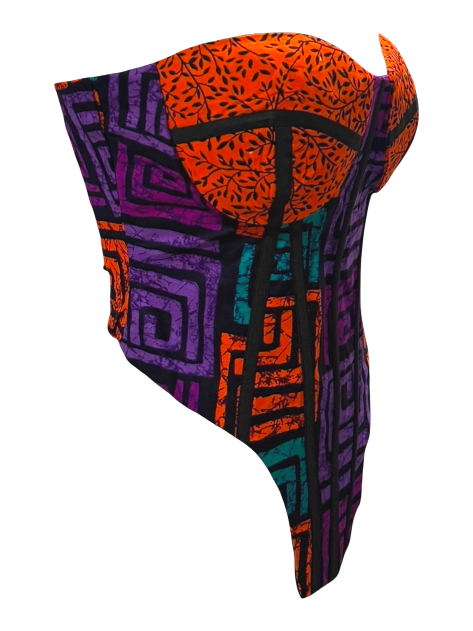 Lilac Ankara detachable sleeve corset top in 100% cotton wax fabric with structured boning, front view.