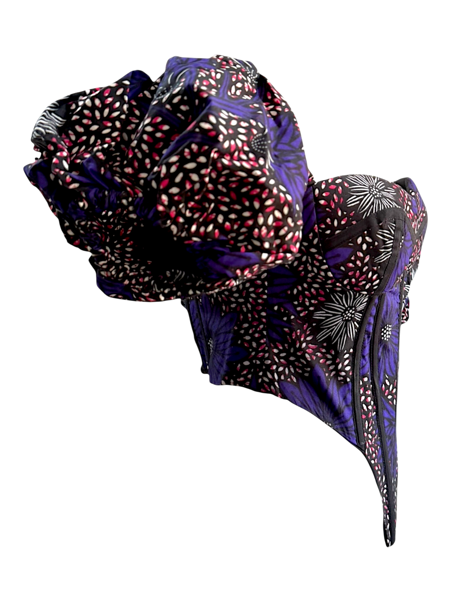 Mulberry vibrant purple Ankara corset top with sleeves in 100% cotton wax fabric with structured boning, side angled view.