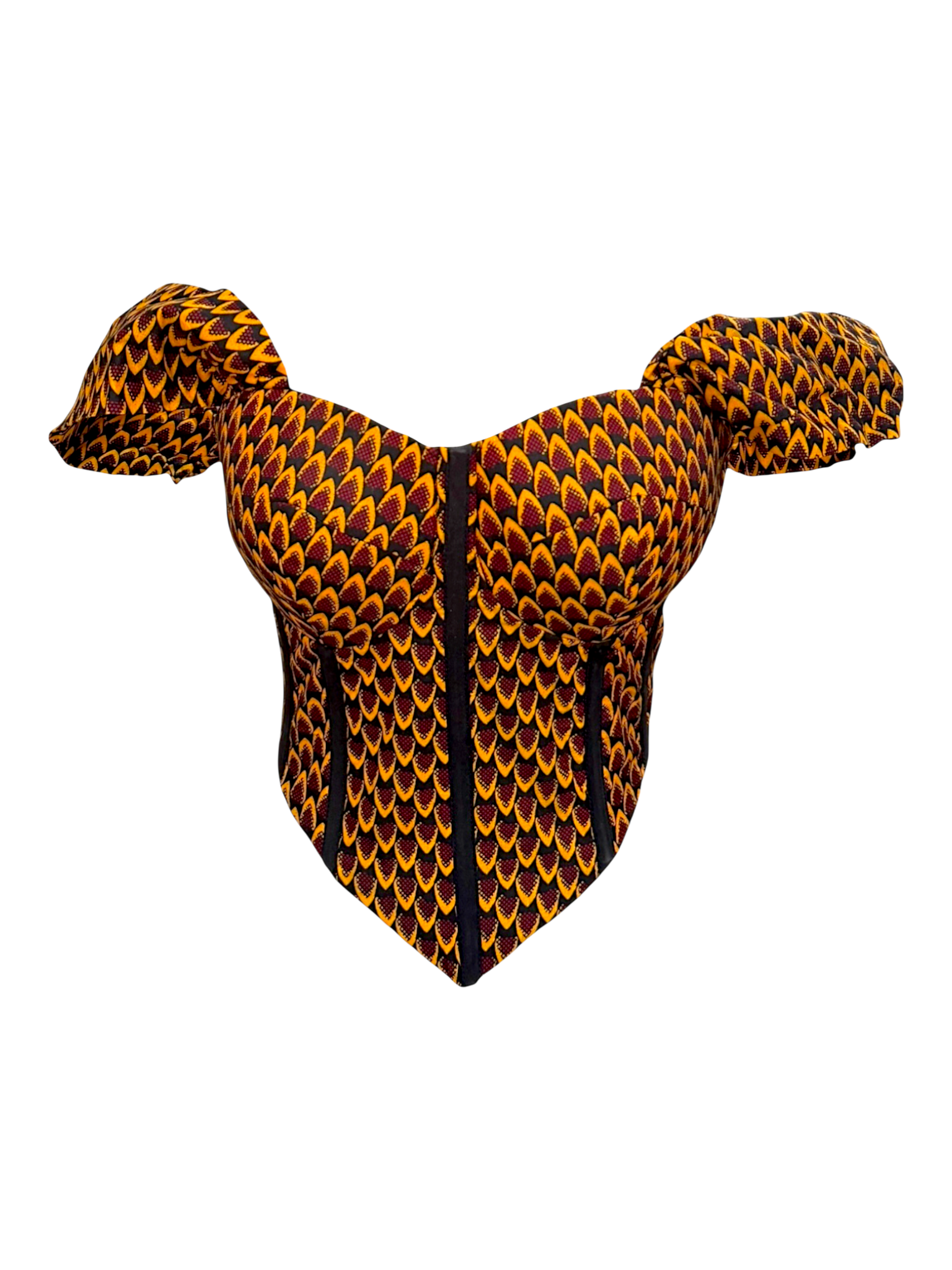 Sunflower yellow Ankara capped sleeve corset top in 100% cotton wax fabric with structured boning, front view.