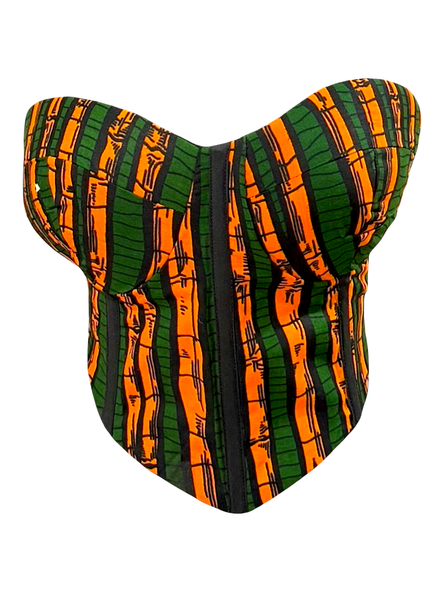Forest green Ankara sleeveless corset top in 100% cotton wax fabric with structured boning, front view.