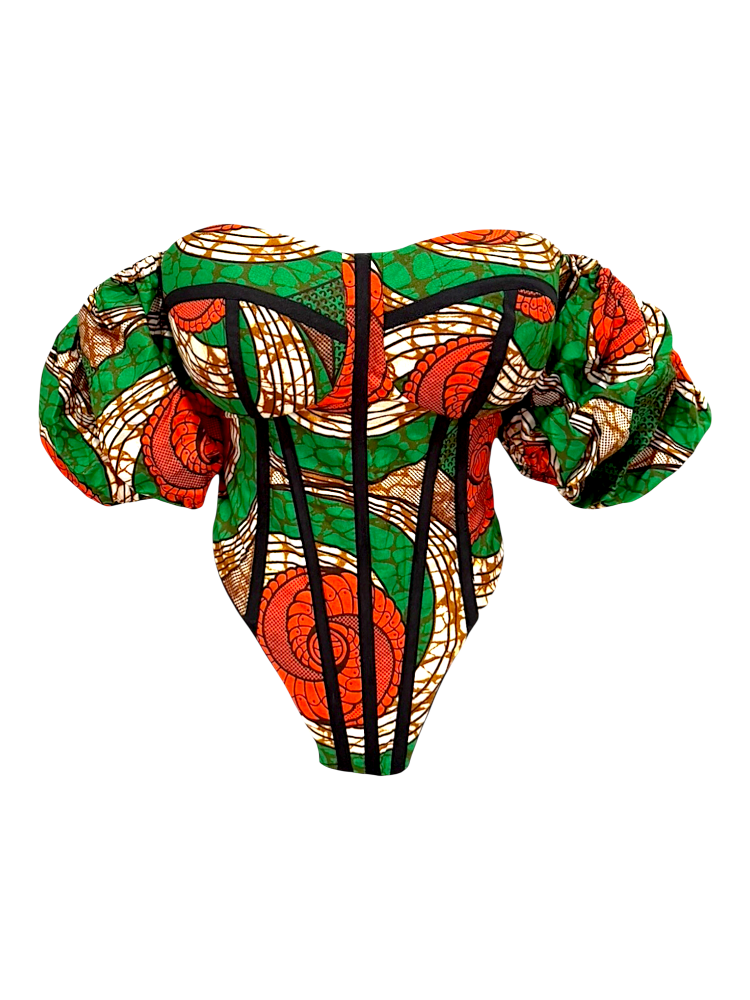 Wildflower Ankara corset top with sleeves in 100% cotton wax fabric with structured boning, front angle view, sleeves placed side by side.