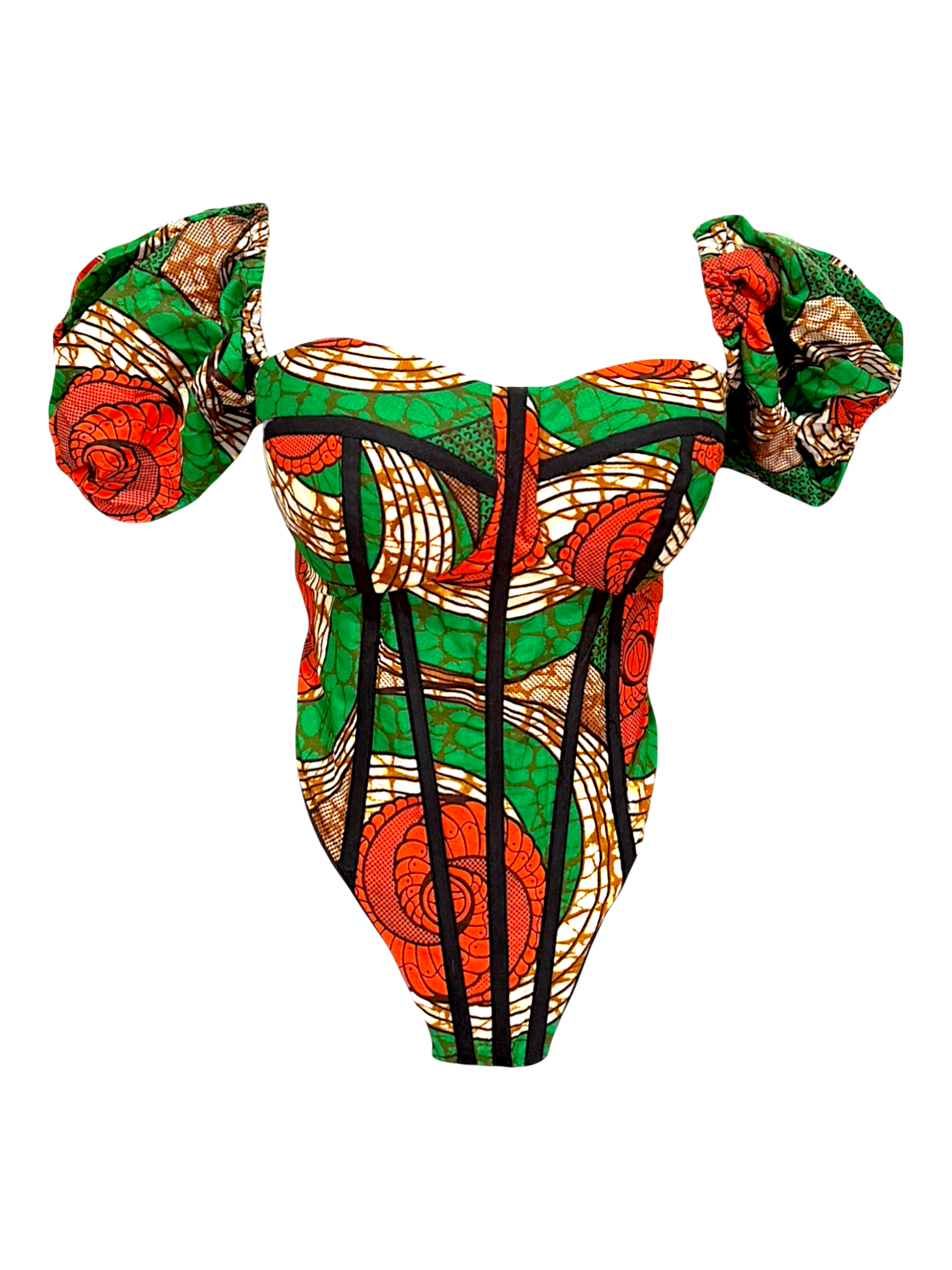 Wildflower Ankara corset top with sleeves in 100% cotton wax fabric with structured boning, front view.