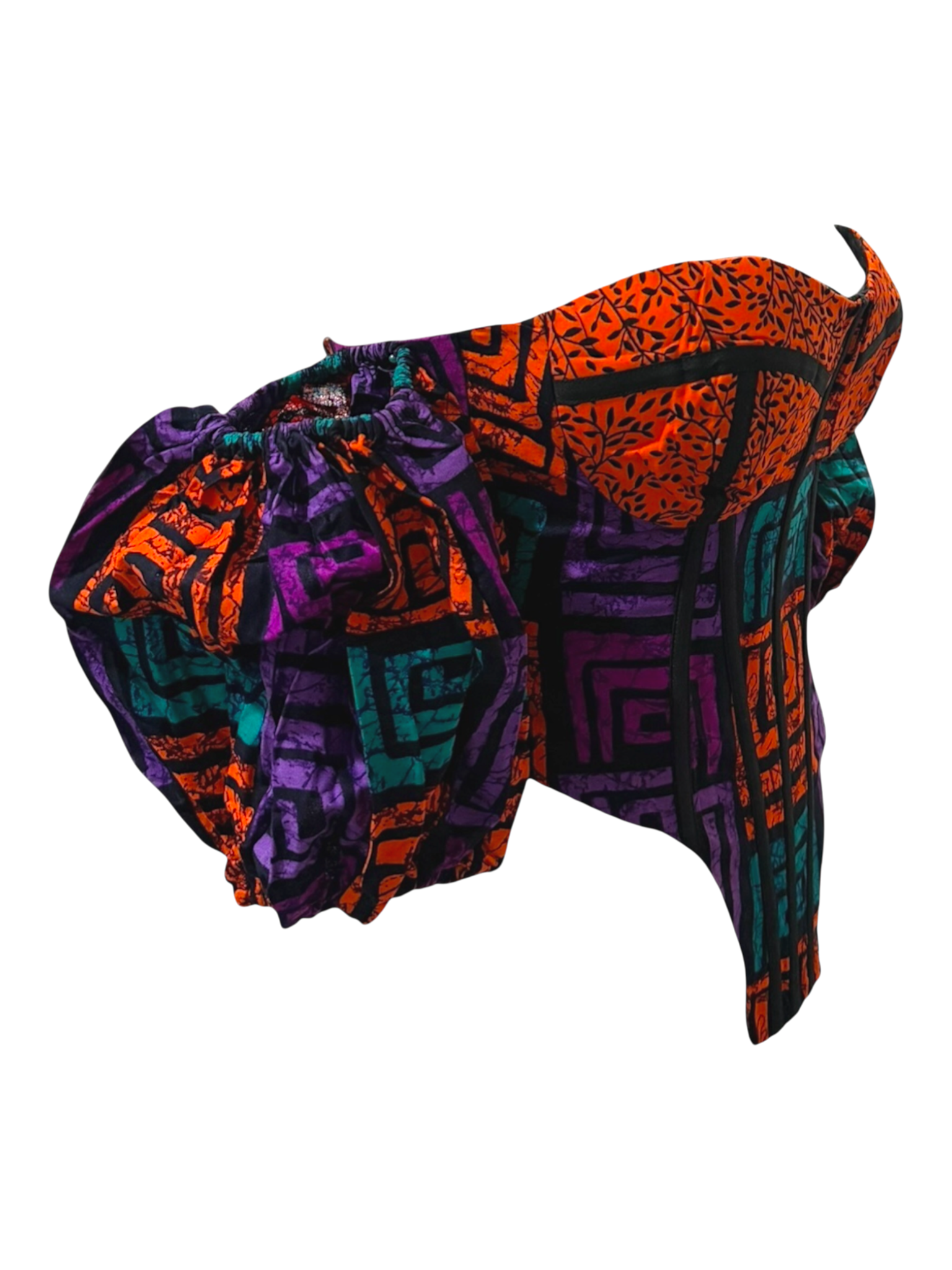 Lilac Ankara detachable sleeve corset top in 100% cotton wax fabric with structured boning, side view, sleeves attached in this photo.