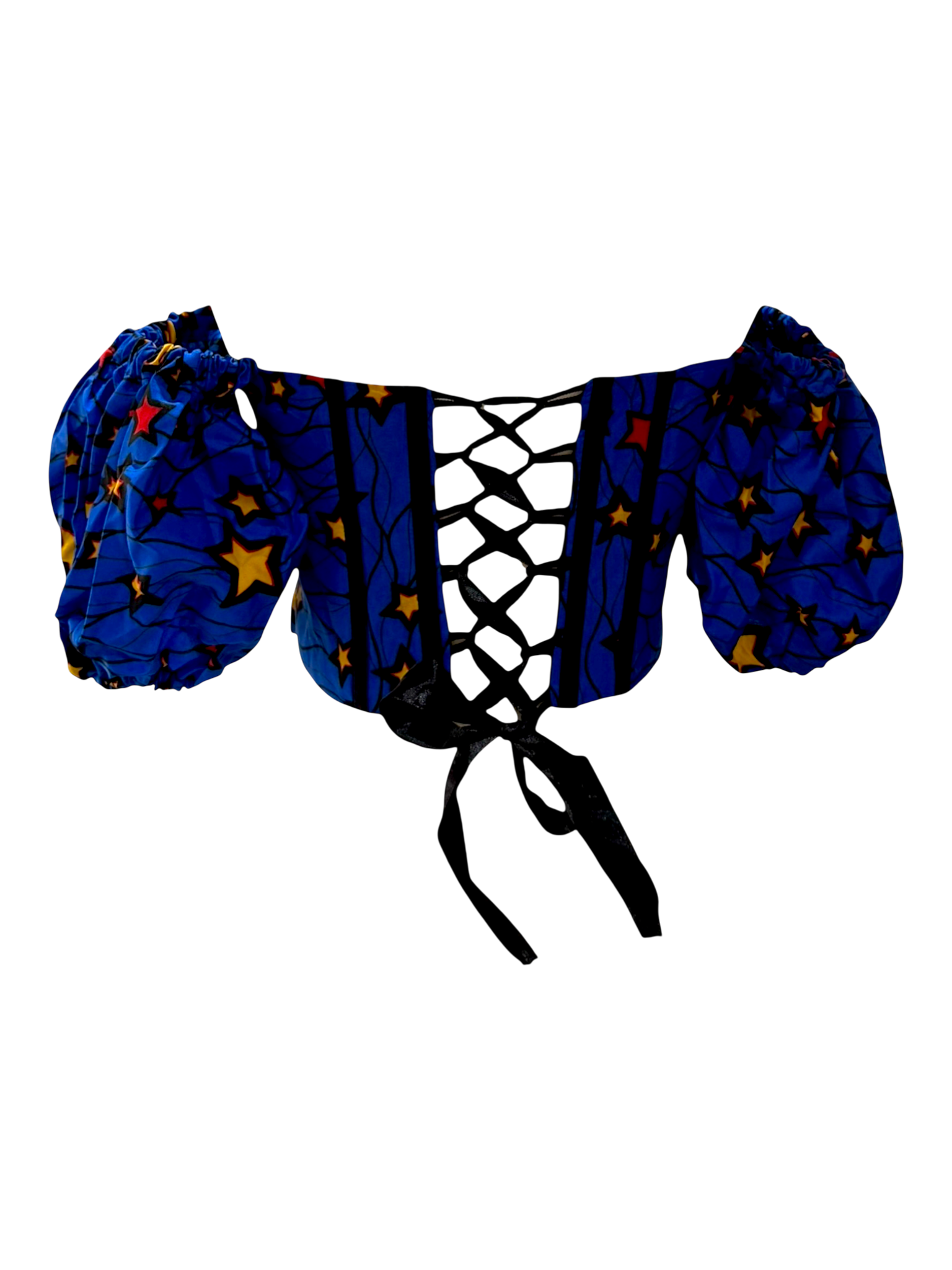 Midnight vibrant blue Ankara corset top with sleeves in 100% cotton wax fabric with structured boning and lace up back look with ribbon tie, back view.