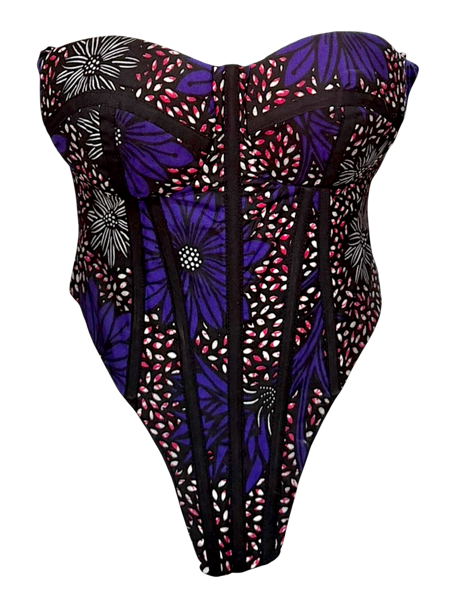 Mulberry vibrant purple Ankara corset top with sleeves tucked in for a sleeveless look in 100% cotton wax fabric with structured boning, front view.
