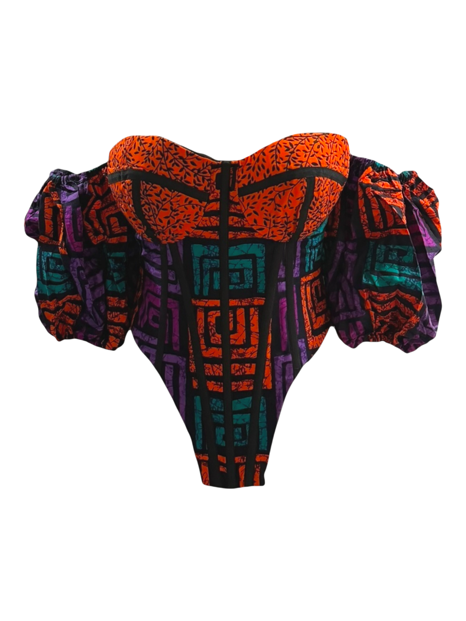 Lilac Ankara detachable sleeve corset top in 100% cotton wax fabric with structured boning, front angled view, sleeves attached in this photo.