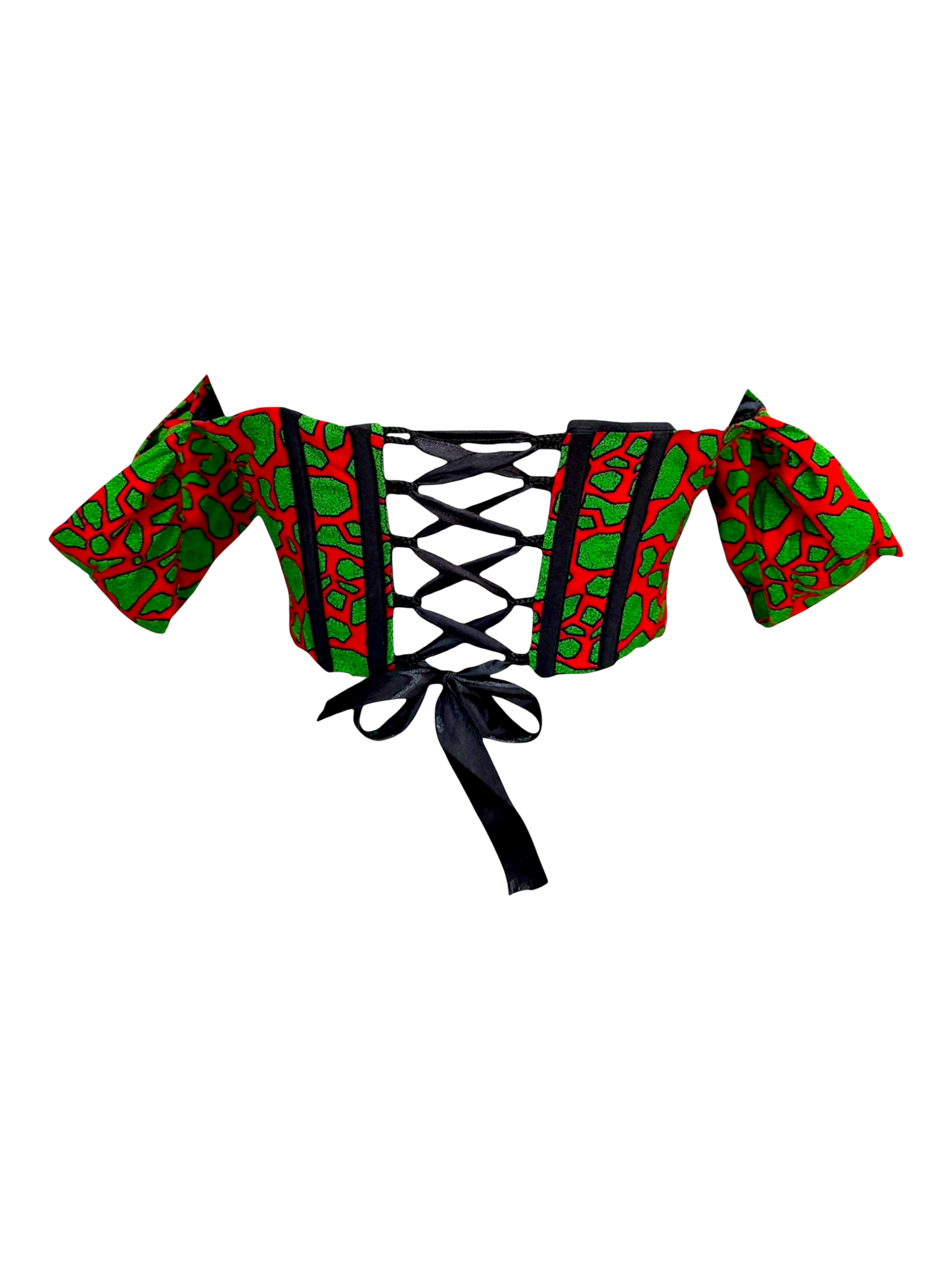Pistachio red Ankara capped sleeve corset top in 100% cotton wax fabric with structured boning and lace up, back view.