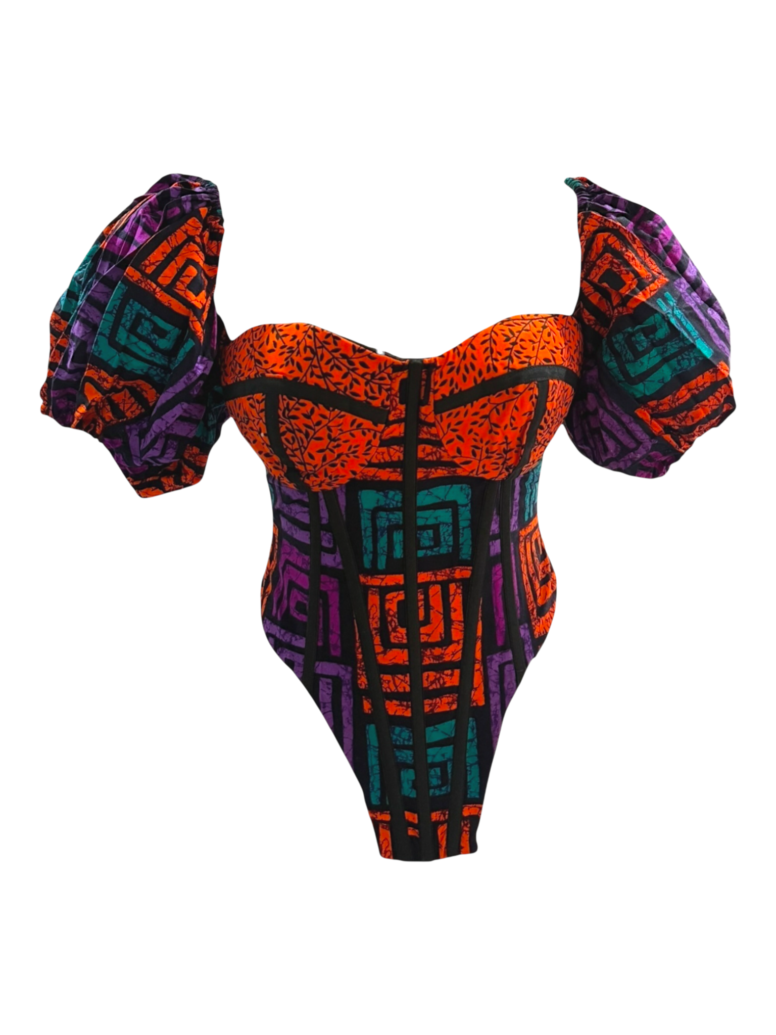 Lilac Ankara detachable sleeve corset top in 100% cotton wax fabric with structured boning, front view, sleeves attached in this photo.