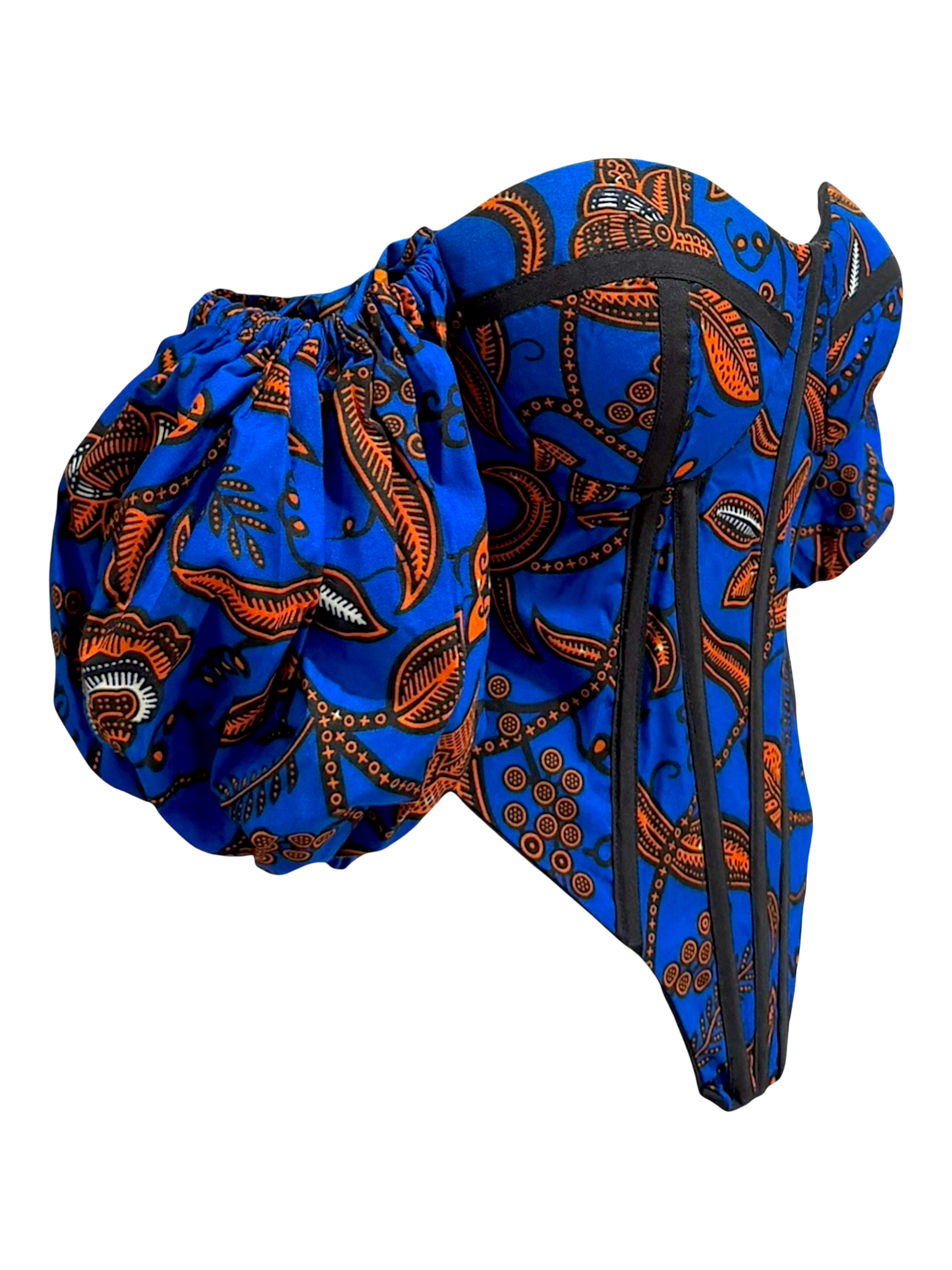Pacific Ankara blue corset top with attached sleeves in 100% cotton wax fabric with structured boning, side view.