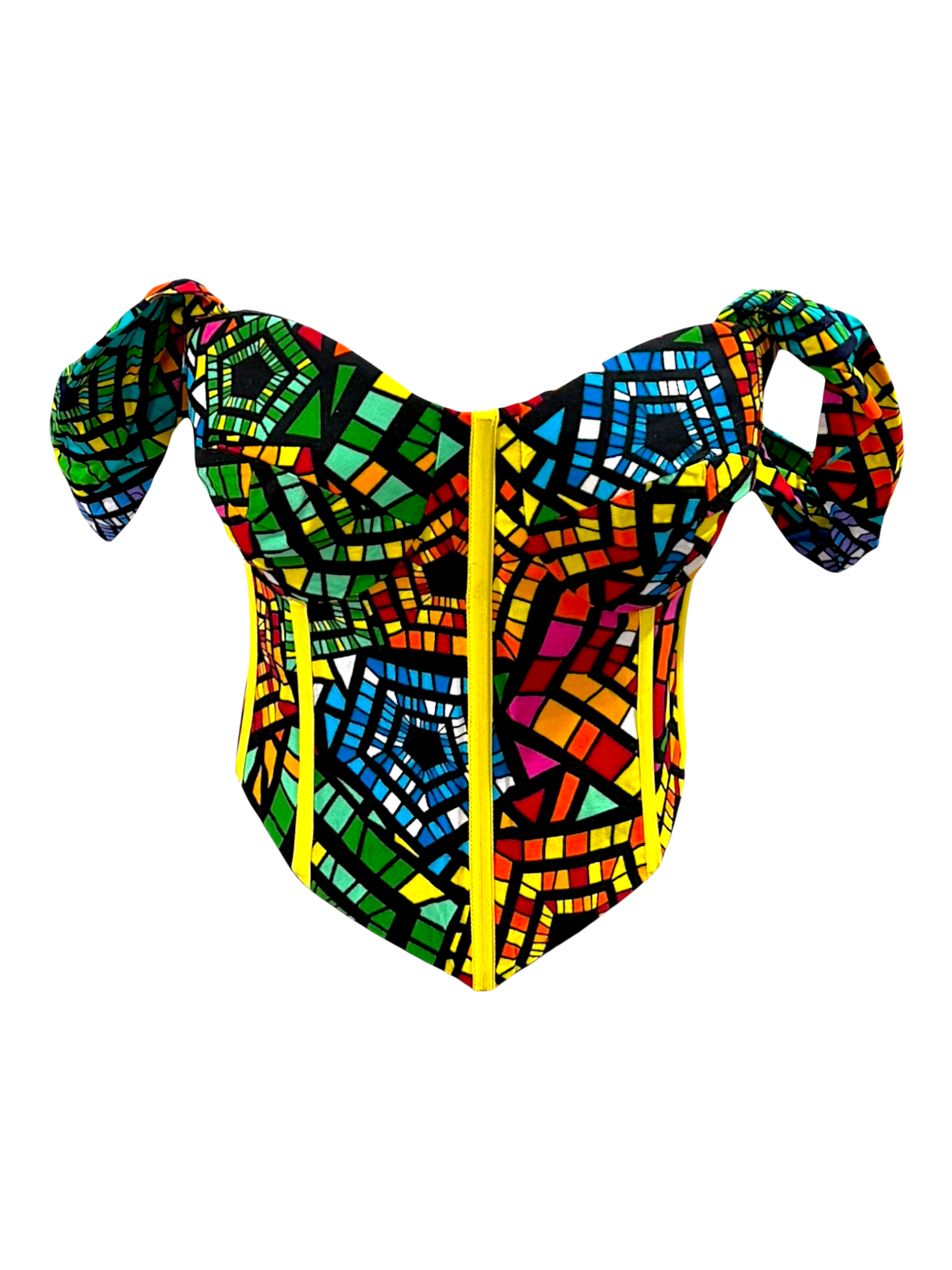 Rainbow colorful Ankara capped sleeve corset top in 100% cotton wax fabric with structured boning, front view.