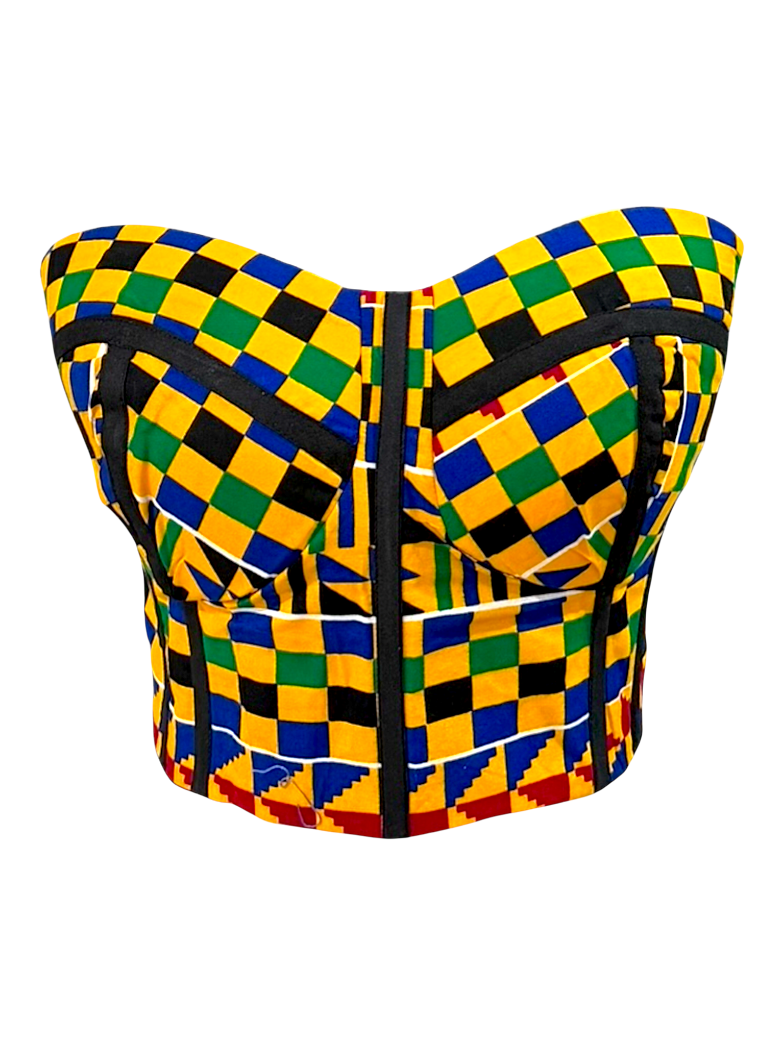 Kente colorful Ankara sleeveless corset top in 100% cotton wax fabric with structured boning, front view.