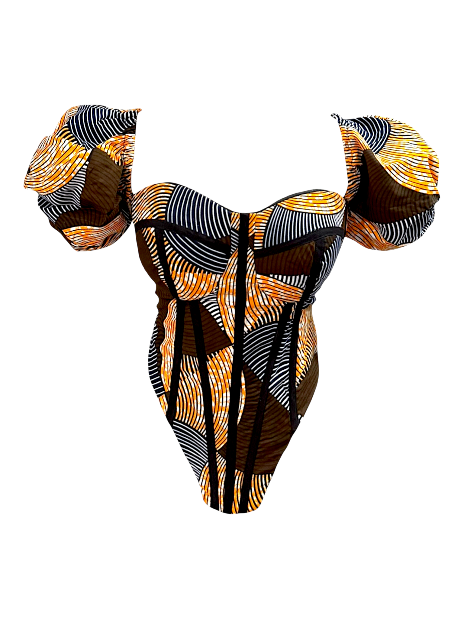 Peach Ankara corset top with sleeves in 100% cotton wax fabric with structured boning, front view.