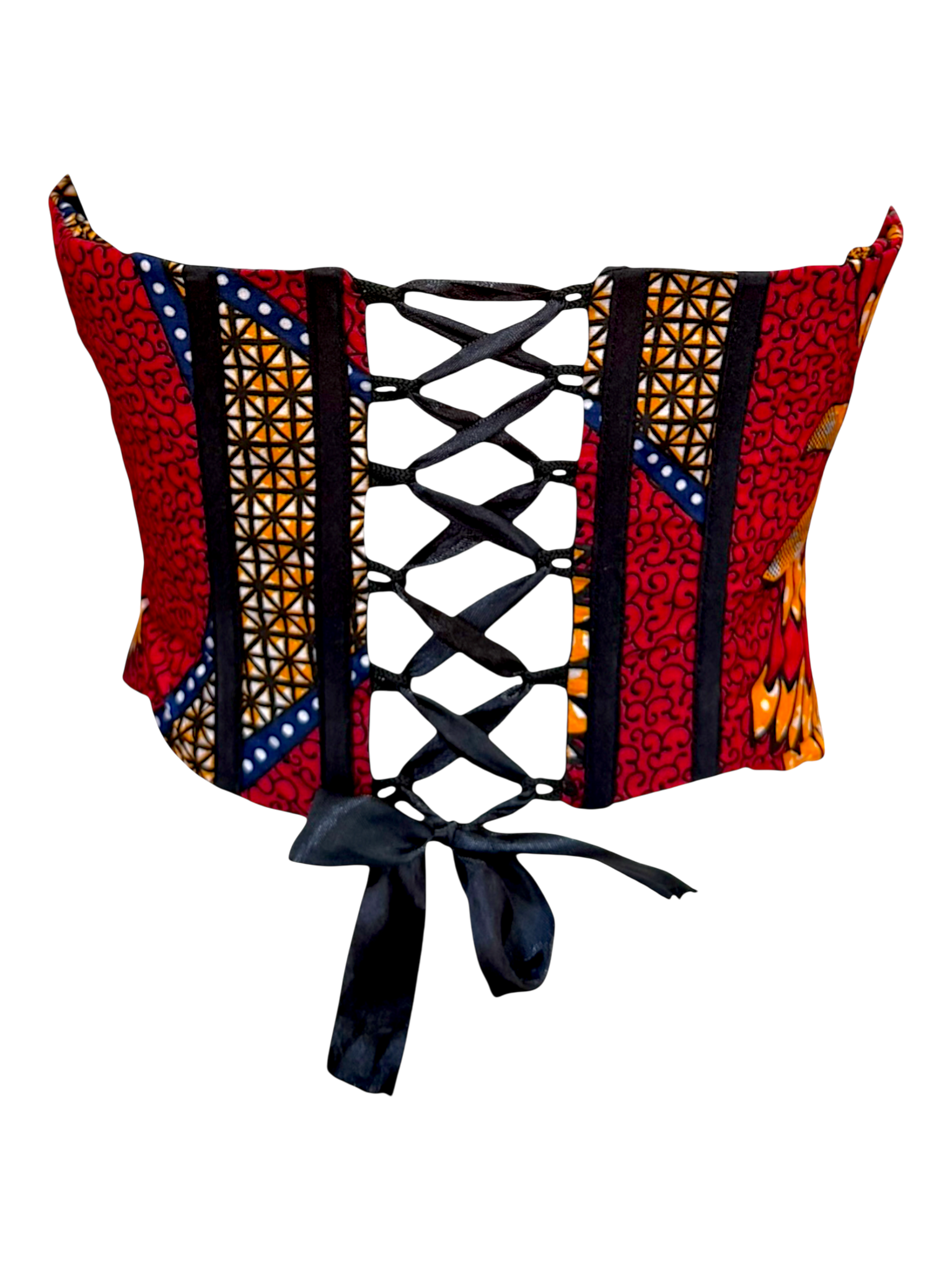 Cherry Ankara red corset top with sleeves in 100% cotton wax fabric with structured boning and lace up back with ribbon tie for a crisscross effect, back view.