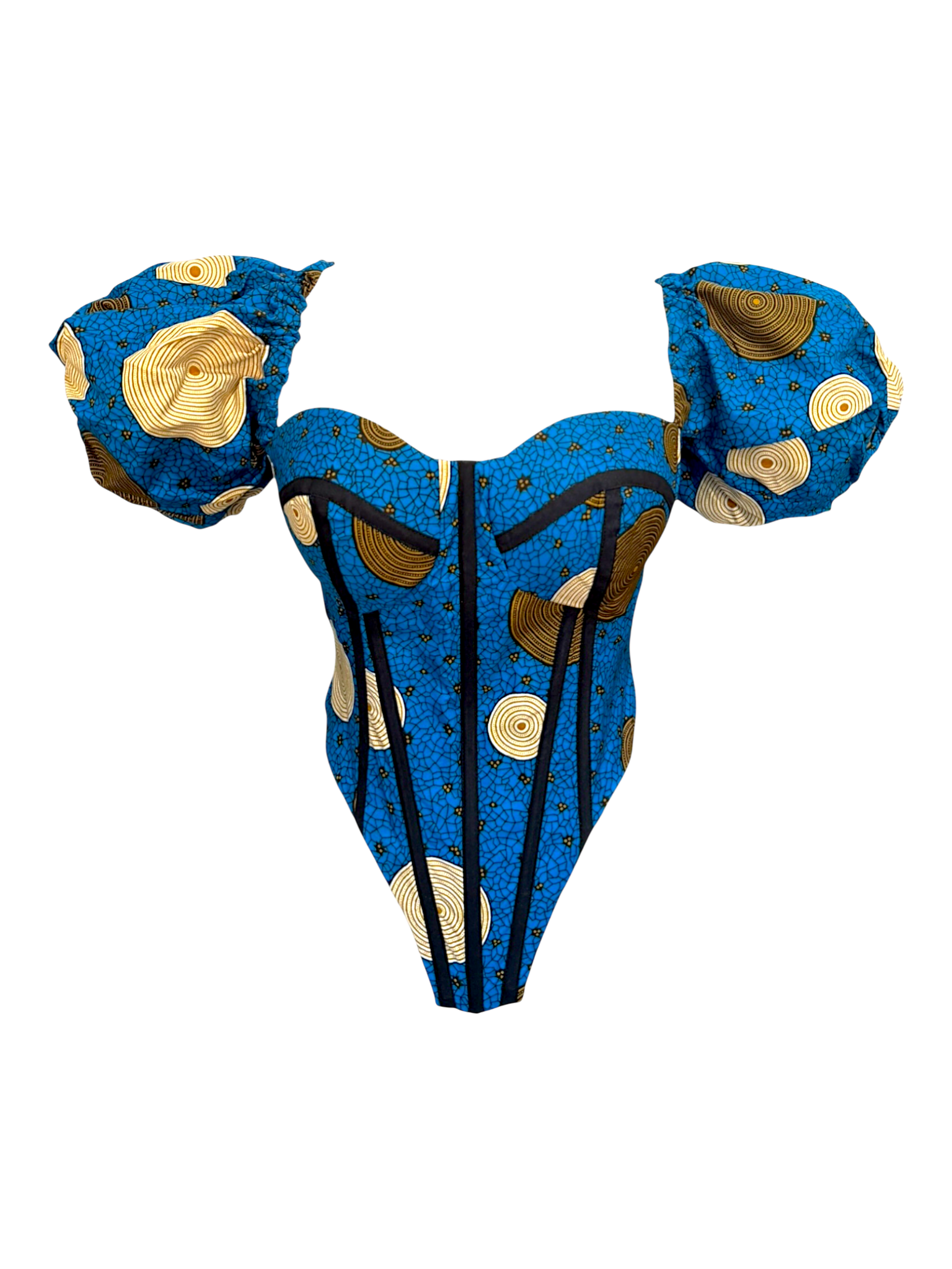 Sapphire blue Ankara corset top with sleeves in 100% cotton wax fabric with structured boning, front view.