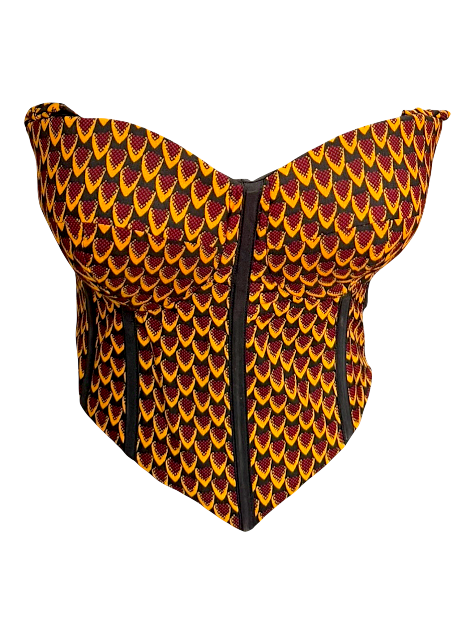 Sunflower yellow Ankara capped sleeve corset top in 100% cotton wax fabric with structured boning, front view, sleeves are tucked in for sleeveless look.