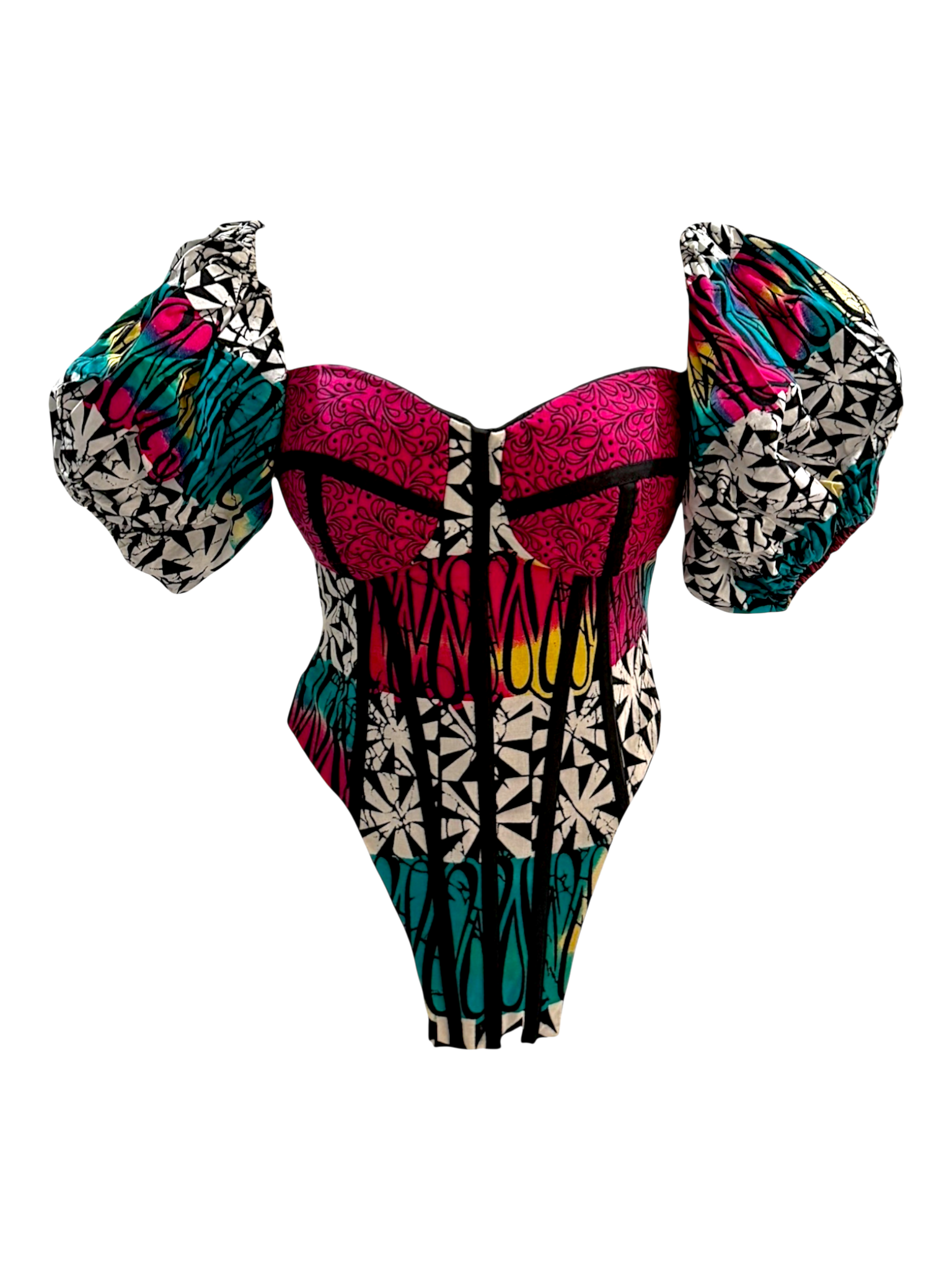 Bloom pink Ankara detachable sleeve corset top can be worn in sleeveless look or sleeved look in 100% cotton wax fabric with structured boning, front side view.