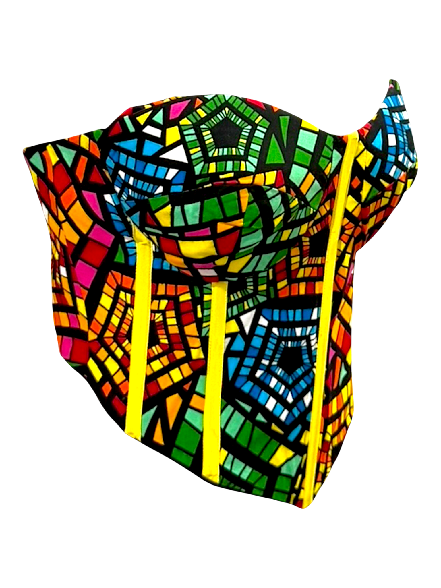 Rainbow colorful Ankara capped sleeve corset top in 100% cotton wax fabric with structured boning, front angled view, sleeves tucked in for a sleeveless look.