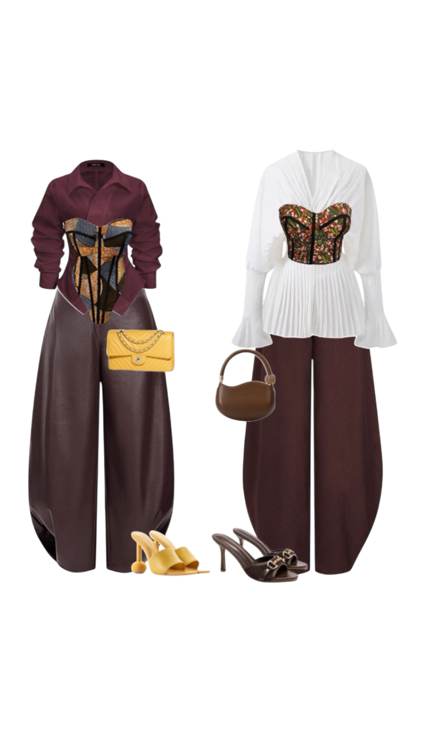 Two fashion outfits with accessories. Left outfit includes a maroon jacket, patterned corset top, wide brown pants, yellow heels, and a yellow purse. Right outfit features a white pleated blouse, patterned corset top, wide brown pants, black heels, and a brown handbag.