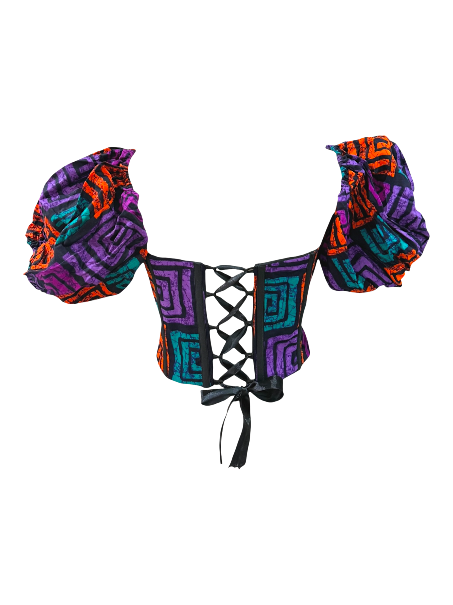 Lilac Ankara detachable sleeve corset top in 100% cotton wax fabric with structured boning with lace up back style with ribbon tie, back view with sleeves up.