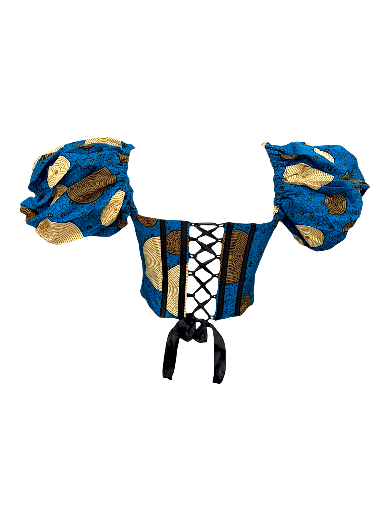 Sapphire blue Ankara corset top with sleeves tucked in for a sleeveless look in 100% cotton wax fabric with structured boning with lace up back view with ribbon tie, back view.