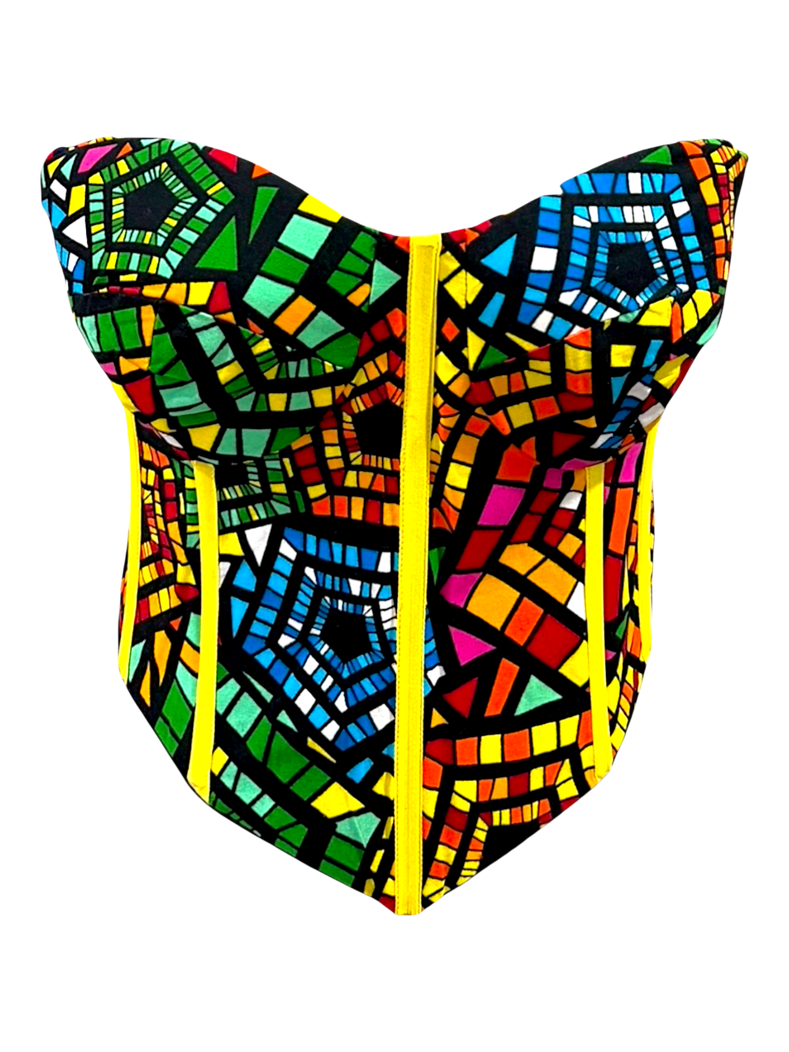 Rainbow colorful Ankara capped sleeve corset top in 100% cotton wax fabric with structured boning, front view, sleeves tucked in for a sleeveless look.